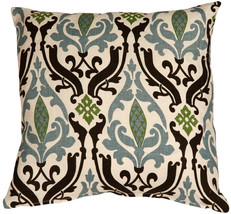 Linen Damask Print Blue Brown 16x16 Throw Pillow, Complete with Pillow Insert - $47.20