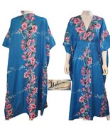 Vtg Helenas Hawaiian Caftan Kimono Blue Pink Hibiscus Lei One Size Fits ... - $78.21