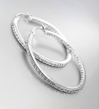 EXQUISITE Thin 18kt White Gold Plated IN OUT CZ Crystals 1 1/4&quot; Hoop Ear... - $36.99