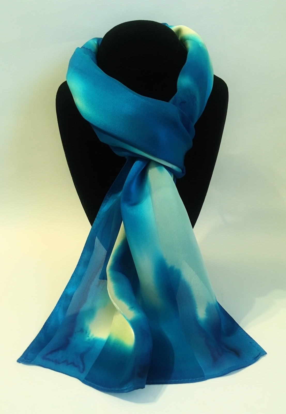 Primary image for Hand Painted Silk Scarf Turquoise Seafoam Blue Green Cream Unique Oblong Gift