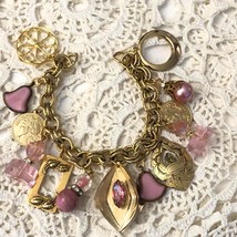 Pretty in PINK Recycled Vintage Charm Bracelet Art Glass Beads Rhinestones - $65.00