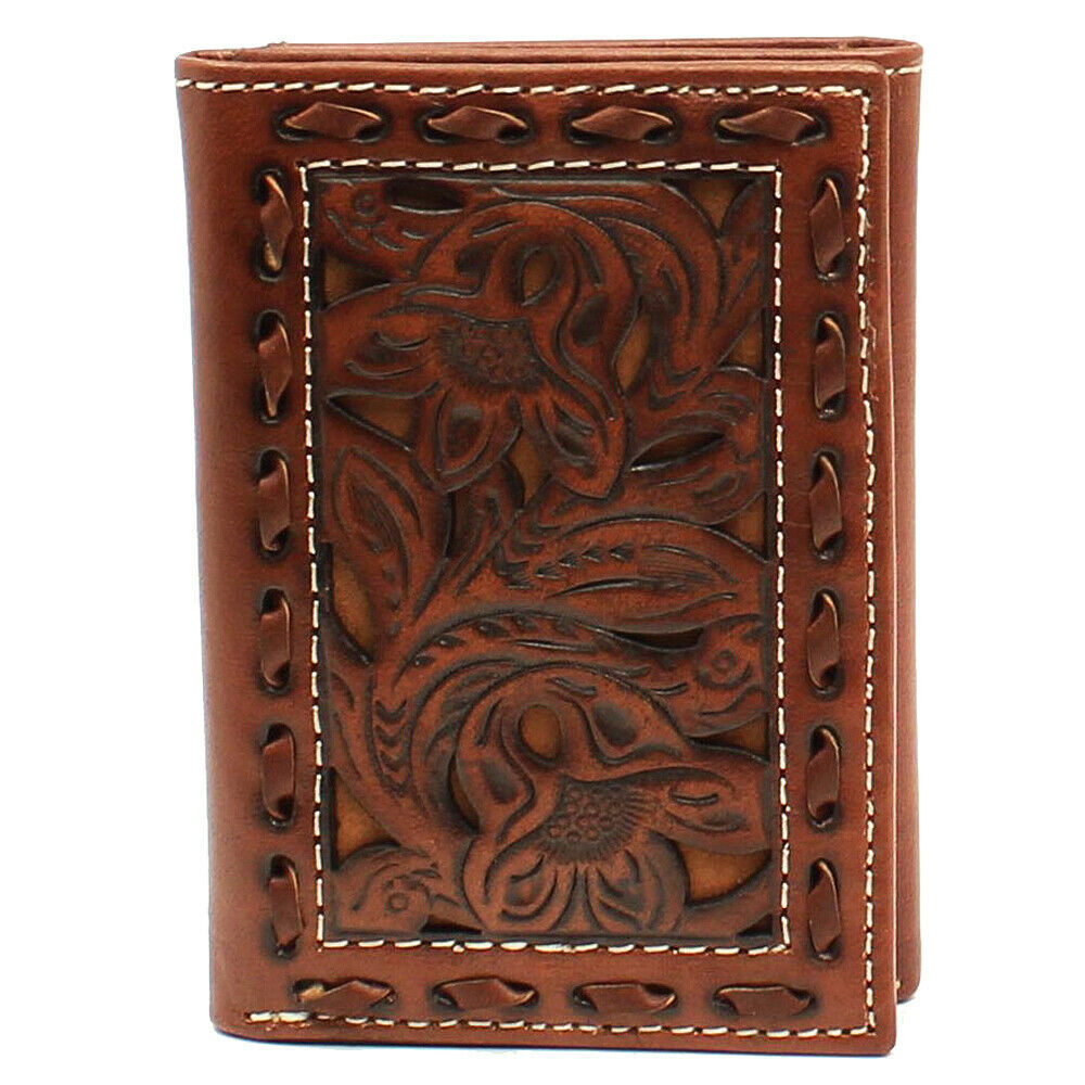 Nocona Western Mens Wallet Trifold Leather Underlay Floral Laced Tan U ...