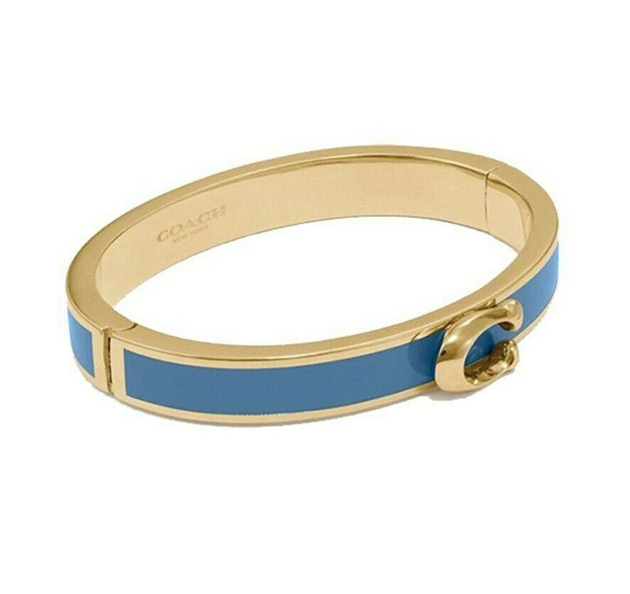 NWT COACH Signature Push Hinged Bangle Bracelet Jewelry Gold Indigo