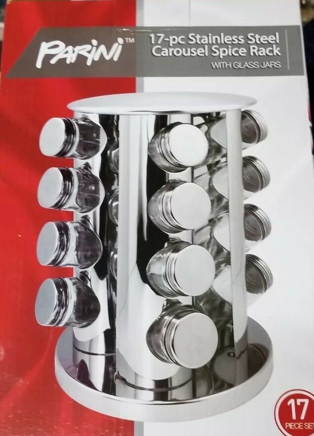 PARINI, 17 PIECE STAINLESS STEEL CAROUSEL SPICE RACK WITH GLASS JARS