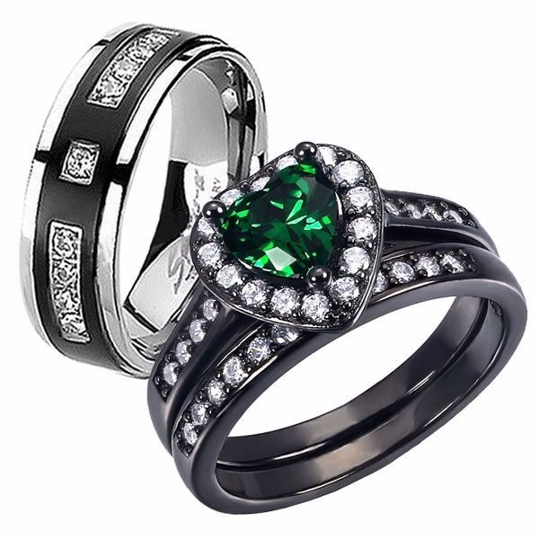 Hers Sterling Silver Heart Shape Created Emerald His Titanium Wedding Ring Set