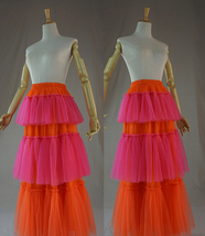 Orange Hot-pink Tiered Party Tulle Skirt Layered Mesh Tulle Maxi Skirt Plus Size image 2