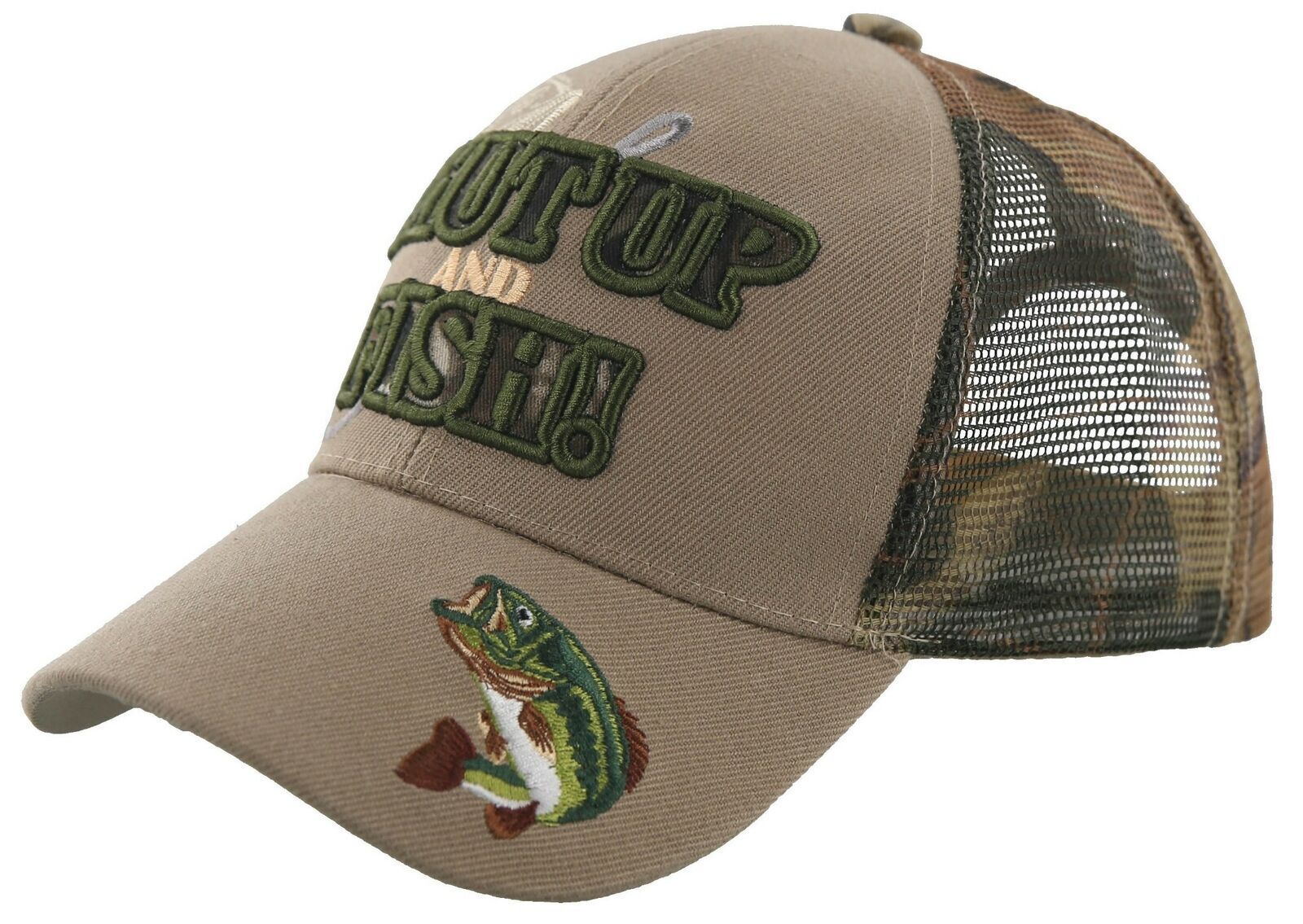 NEW! CAMO MESH BASS SHUT UP AND FISH FISHING BALL CAP HAT TAN Men's Hats