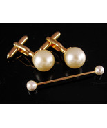 Vintage Pearl Cufflinks - swank pearl collar bar - Gold tuxedo set - bar... - $155.00