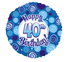 18" 40th Happy Birthday foil balloon - party decoration - Blue dots & swirls - $3.49