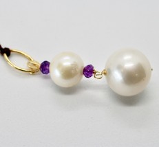 SOLID 18K YELLOW GOLD PENDANT WITH 2 WHITE FW PEARL AND AMETHYST MADE IN ITALY image 2