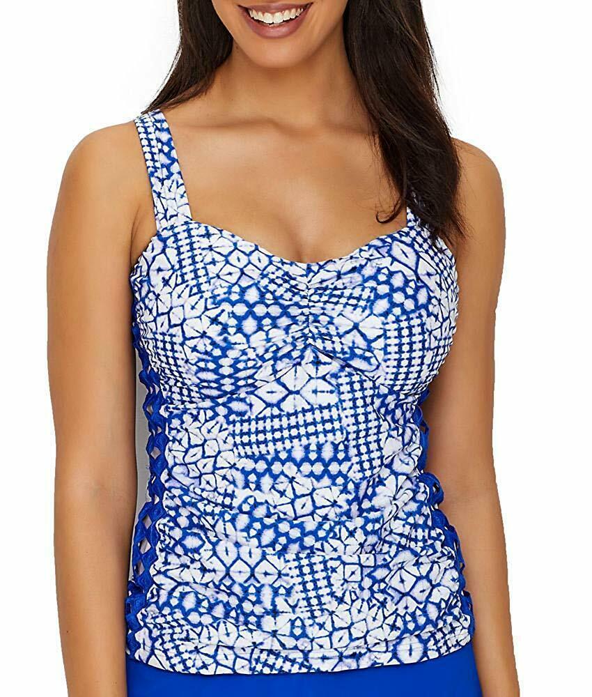 Profile By Gottex Diamond Batik Multi Blue Tankini Top, Us 36ddd F, Uk 