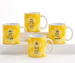 Bee Jumbo Mugs Set of 4 With Sentiment Coffee Tea 18 oz Ceramic Yellow Black