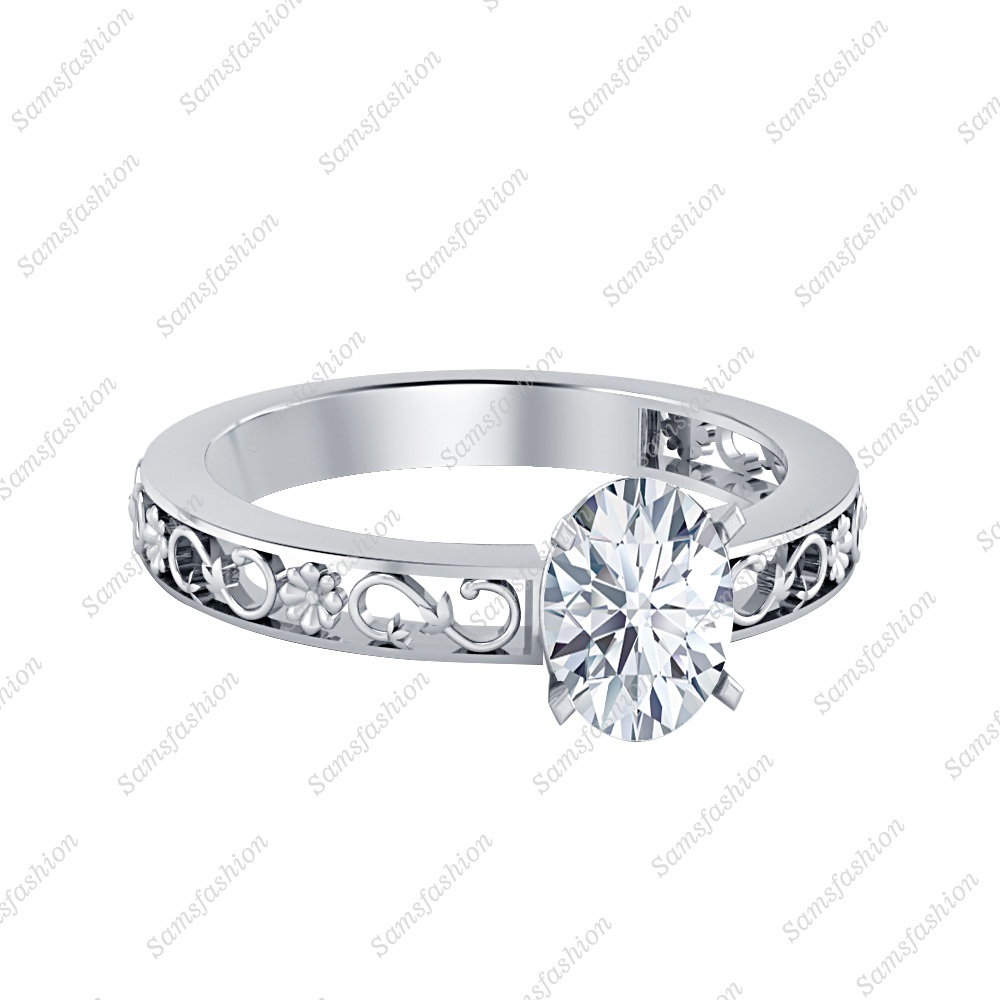Women's Solitaire Oval Shaped CZ Diamond 14k White Gold Over Engagement Ring