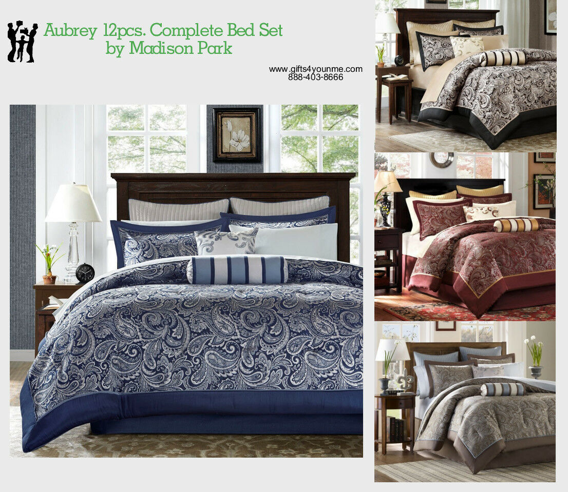 Madison Park Aubrey 12 Piece Jacquard Complete Bed Set In Black Blue Navy Red Comforters And Sets