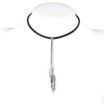 Jet Black Faux Leather Choker Necklace & Silver Tone Feather Design - $26.99