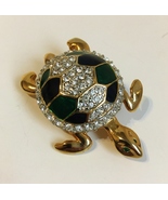 Turtle Pin Brooch Green Blue Enamel Clear Rhinestones Vintage Gold Tone ... - $35.00