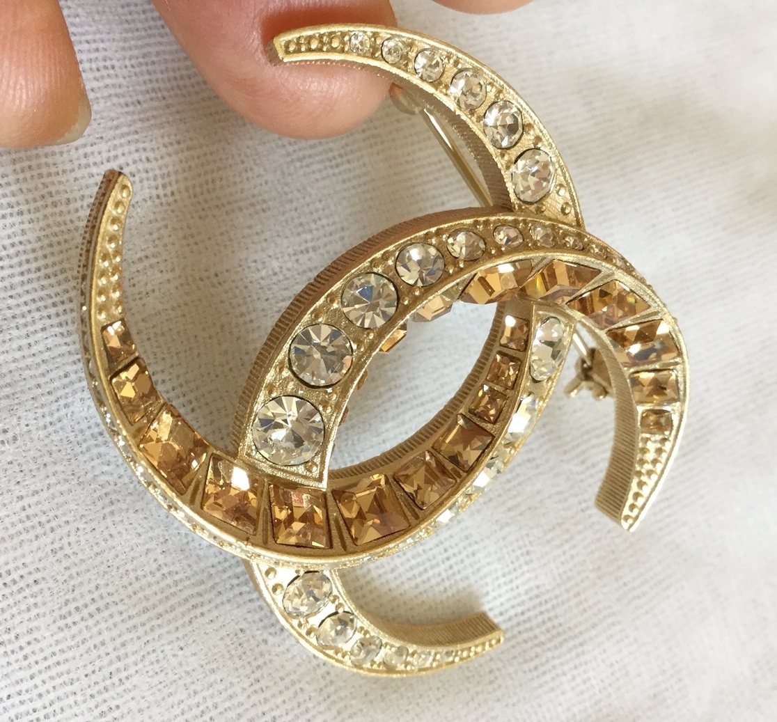 CHANEL GOLD Crescent Moon Brooch Pin Moonlight Crystal CC Dubai 2015 ...