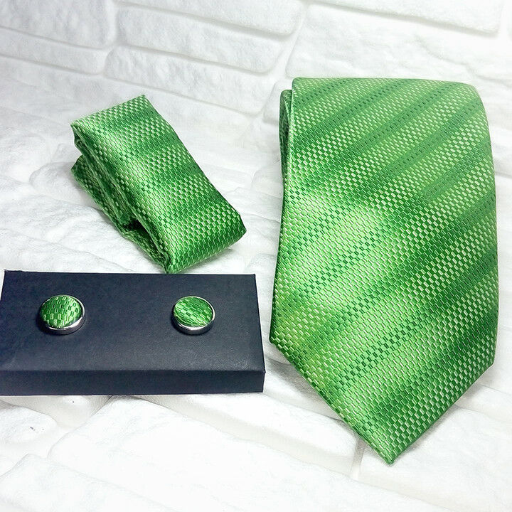 Green neck tie cufflinks handkerchief New 100% silk Top Quality Made in Italy