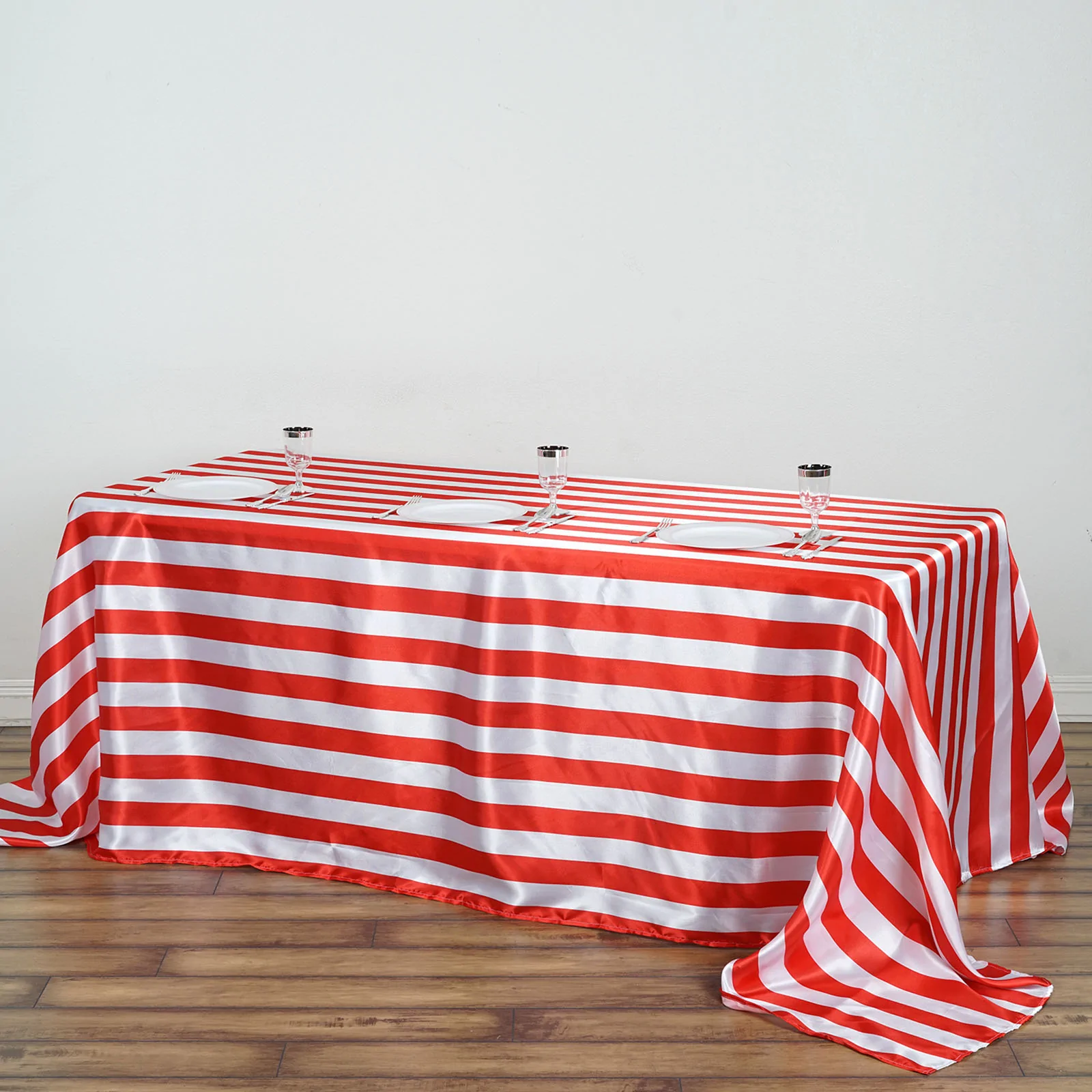 Red - 90"x132" Rectangle Tablecloth Stripe Satin Seamless Tablecloth Weddings - $40.28