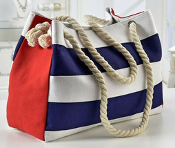 Tote Satchel Bag Nautical Look Rope Straps 17.5" Long Cotton & Polyester Beach image 2