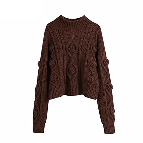 Geometric Twist Crocheted Knitted Short Sweater Female O Neck Long Sleeve Casual