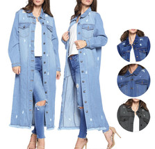 Women's Oversize Long Button Up Distressed Cotton Denim Classic  Jean Jacket image 1