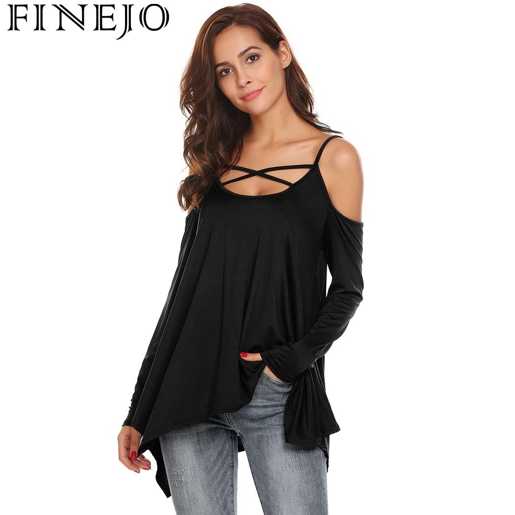 FINEJO Women Cold Shoulder Cross Front Spaghetti Strap T-Shirt Long ...