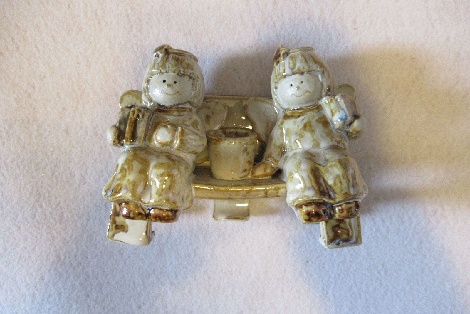 Primary image for cute pair angels sitting on bench with gifts candle holder, glazed angel pair