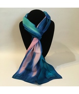 Hand Painted Silk Scarf Mint Green Bubblegum Pink Blue Unique Rectangle New Gift - £46.04 GBP