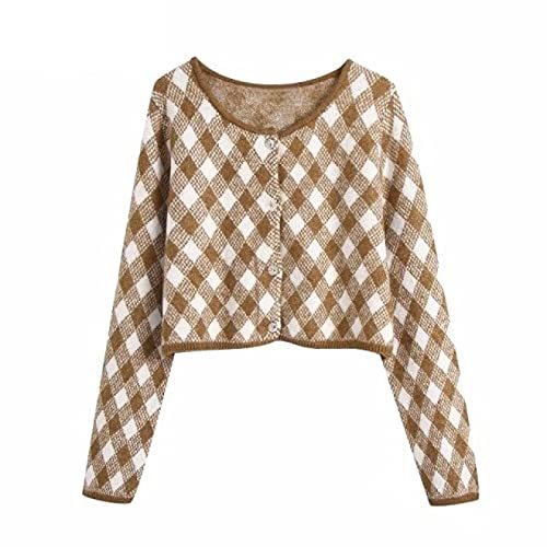 O Neck Geometric Print Short Knitting Sweater Lady Long Sleeve Breasted Chic Cas