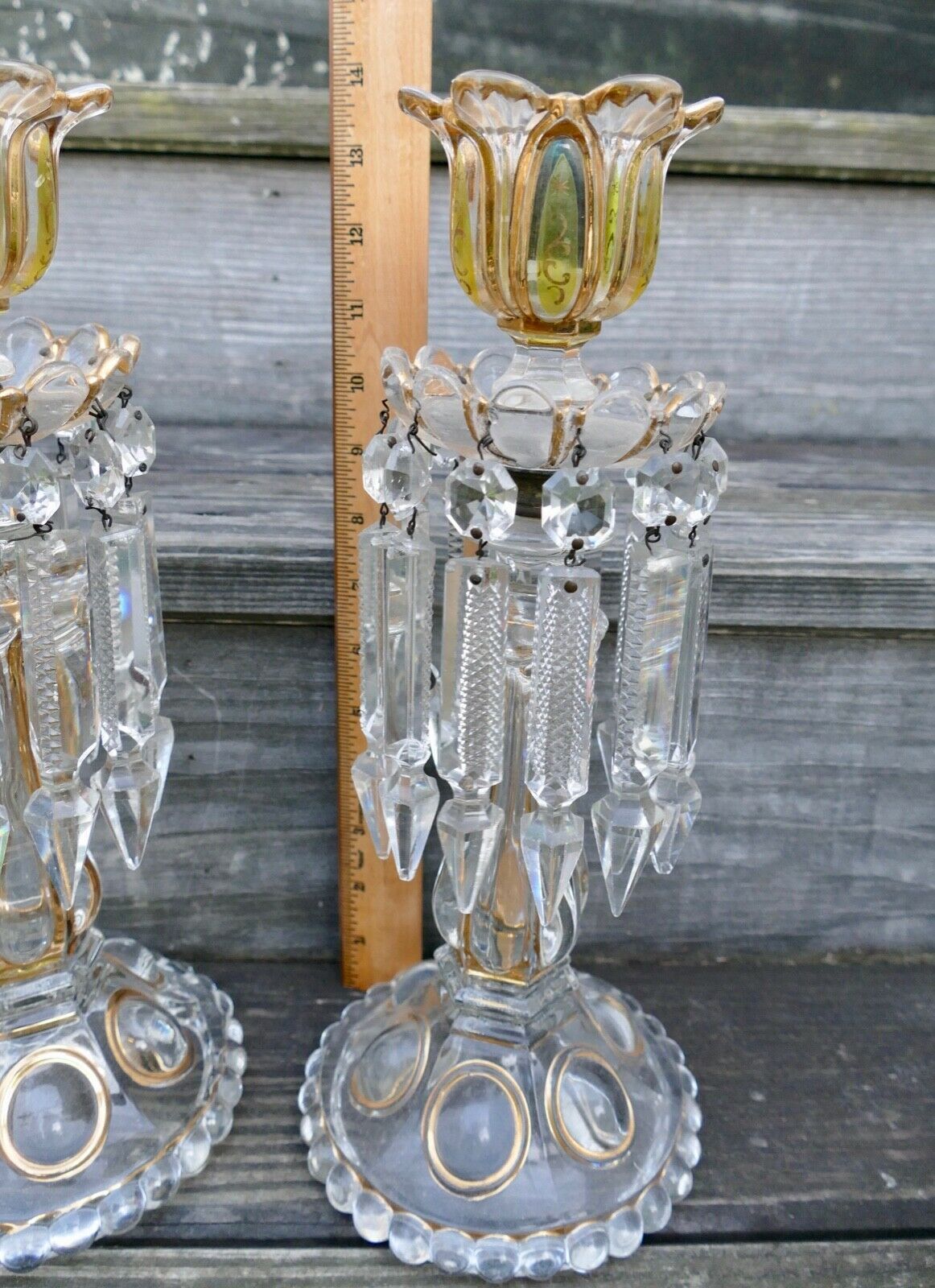 PAIR ANTIQUE BACCARAT ? OILIVE GREEN & GOLD CANDLE HOLDER LUSTRE CRYSTAL PRISMS Baccarat