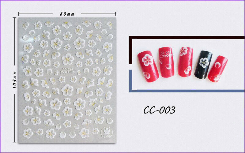 Nail Art 3D Decal Stickers White Yellow Design Flowers Leaves CC003