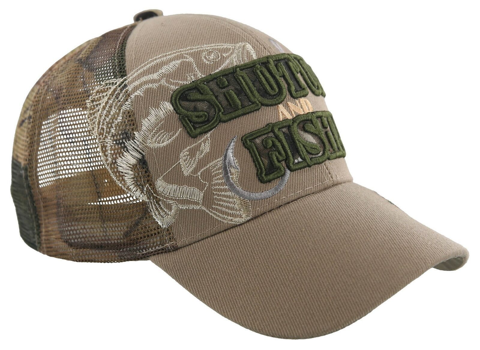 NEW! CAMO MESH BASS SHUT UP AND FISH FISHING BALL CAP HAT TAN Men's Hats