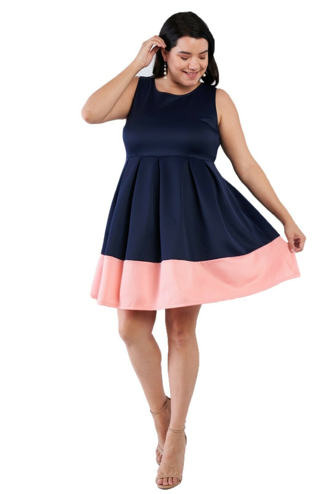 Plus Size Women Fashion Navy Pink Pleated Colorblock Cocktail Stretch Mini Dress