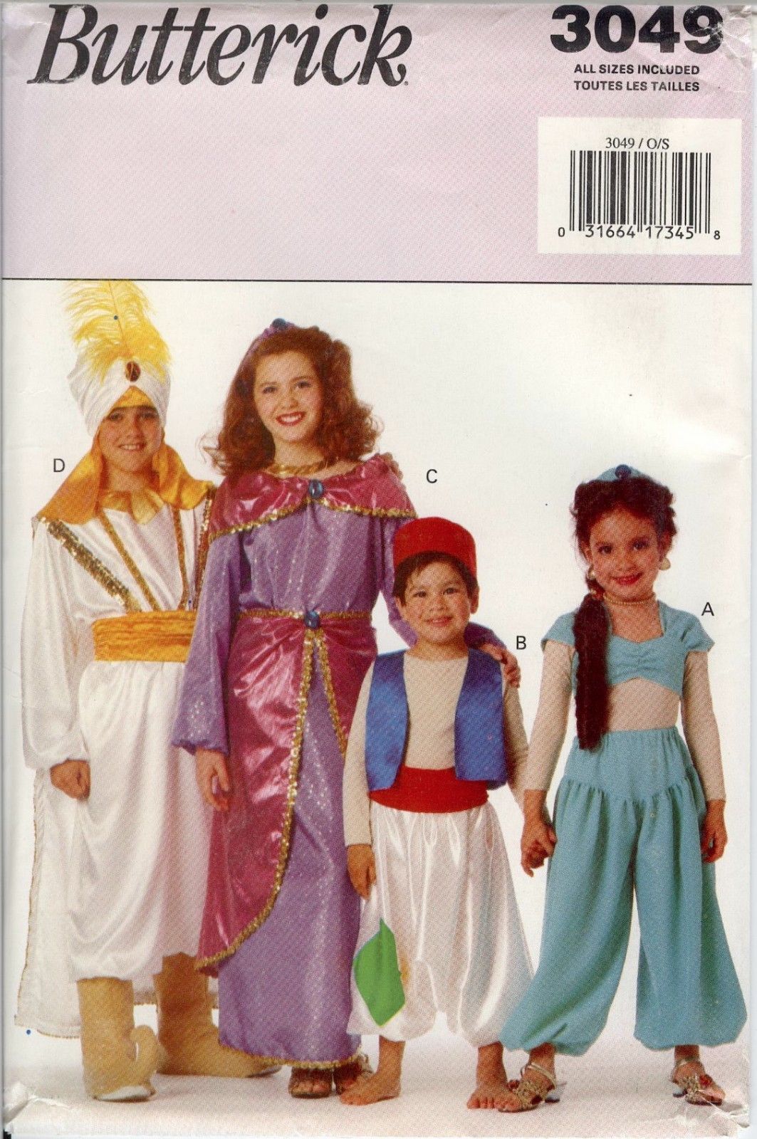 Butterick 3049 Girls Boys Aladdin Jasmine Genie Costume Sewing Pattern