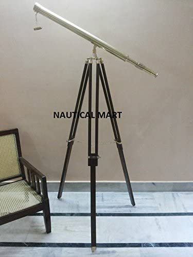 Nautical Marine Antique Brass Floor Standing Telescope with Wooden Tripod Stand