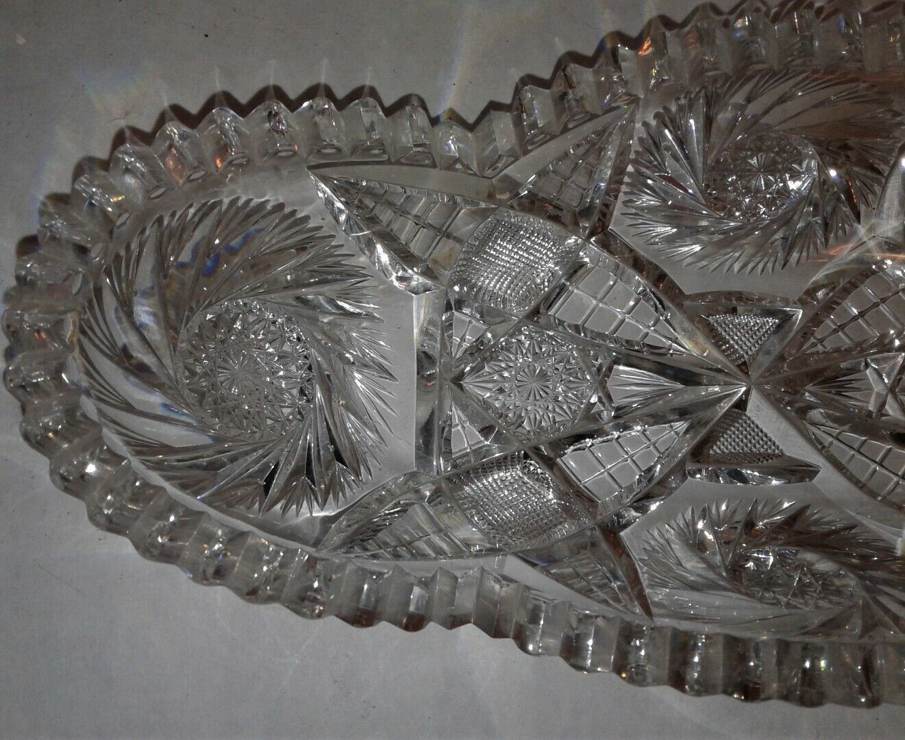 Vintage Carved Lead Crystal Serving Dish Relish Olive Oblong sawtooth