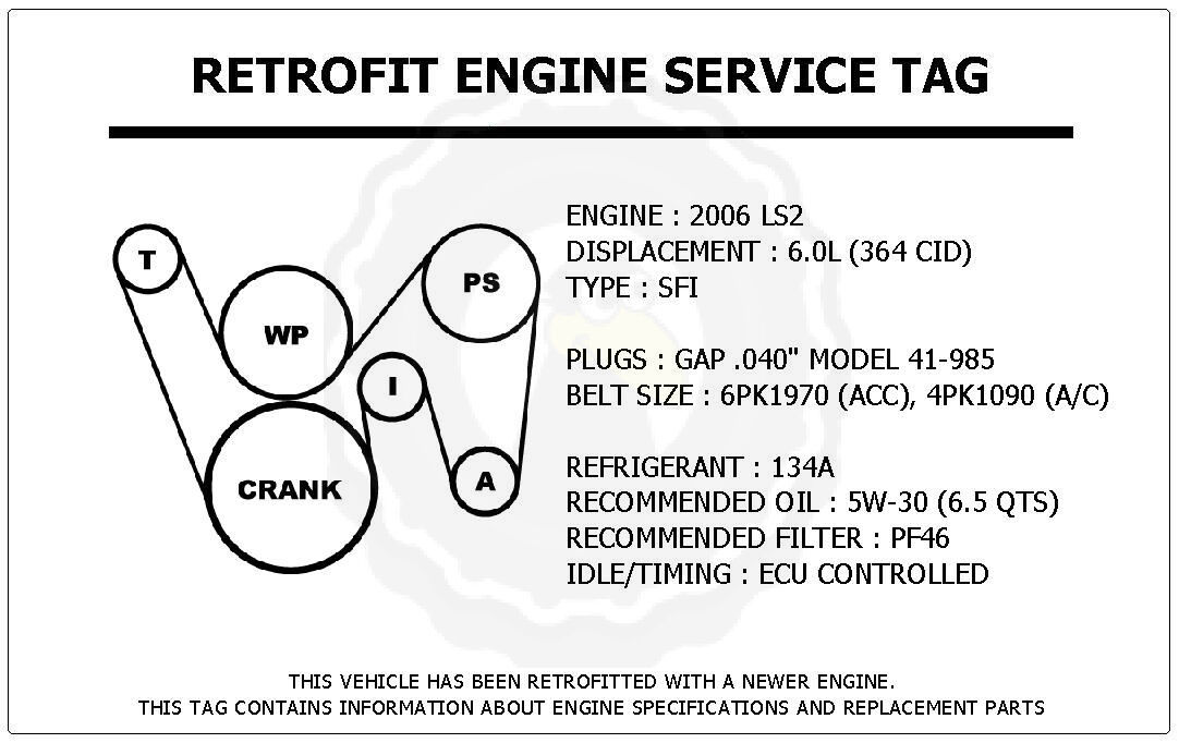2006 LS2 6.0L GTO Retrofit Engine Service Tag Belt Routing Diagram
