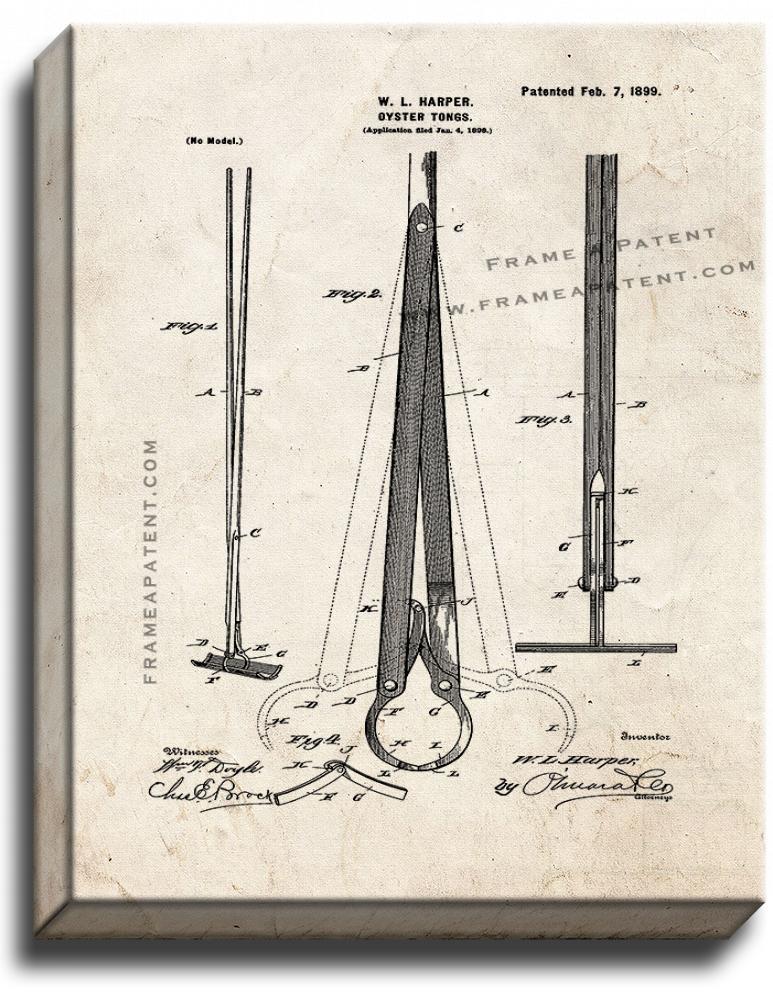 Oyster Tongs Patent Print Old Look on Canvas