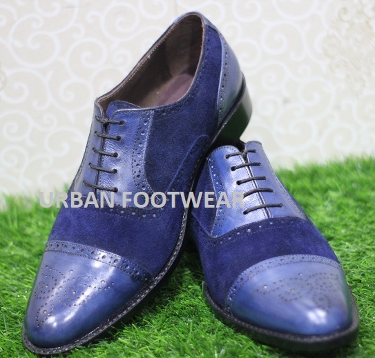 Mens Handmade Formal Shoes Wingtip Brogue Blue Suede & Leather Casual Dress Boot
