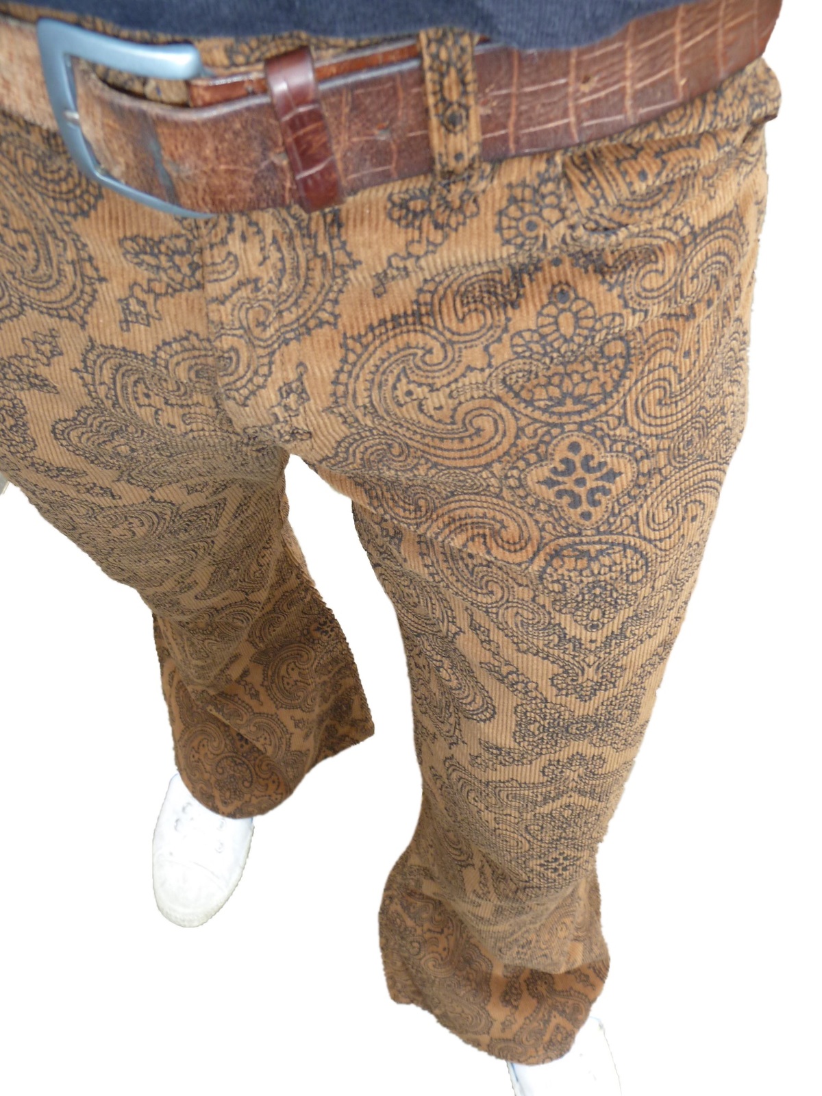 Mens Flares Tan Brown Paisley Corduroy Flared Bell Bottoms Pants Hippy 60s Psych - Pants