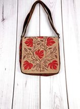 Handmade Beige and Red Suede Embroidered Messenger Bag - $88.17