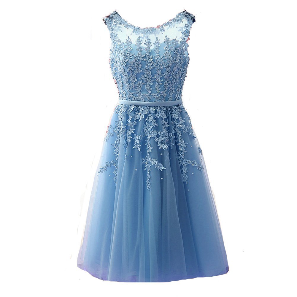 Kivary Sheer Bateau Tea Length Short Lace Prom Homecoming Dresses Plus Size Sky