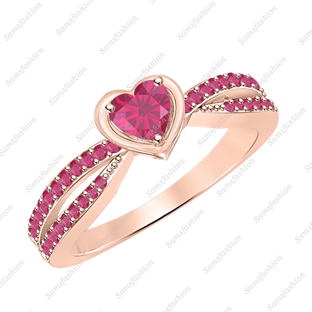 Heart Shape Pink Ruby 14k Rose Gold Over Twisting Split Shank Wedding Ring