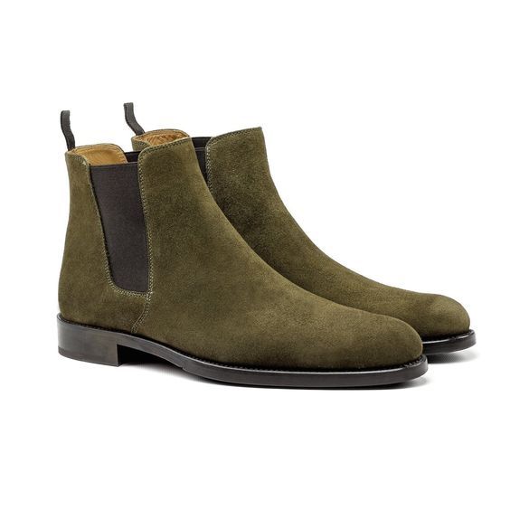 Men's Handmade Olive Green Suede Leather Chelsea round toe dress boots