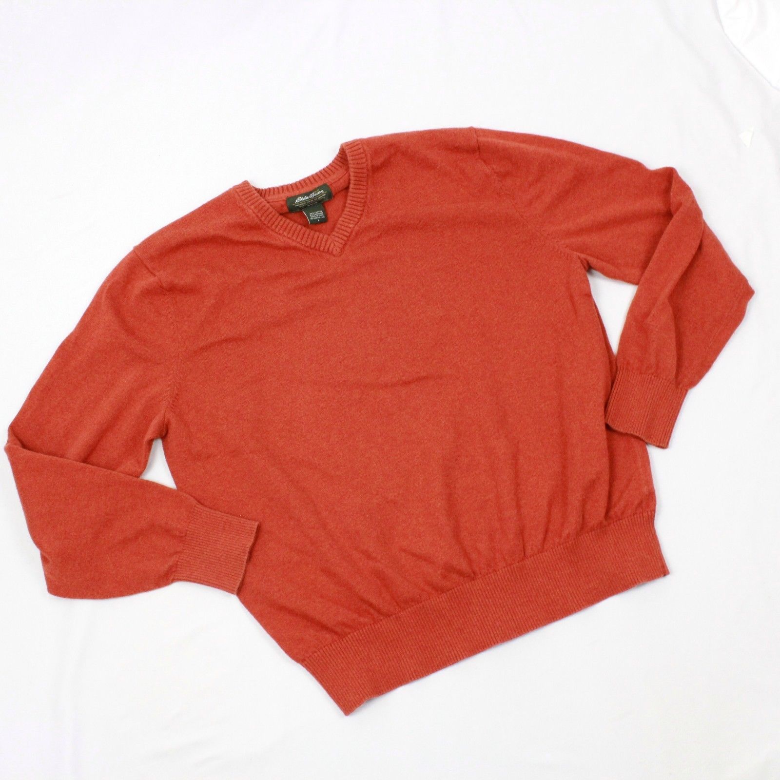 Eddie Bauer Knit V-Neck Sweater Men Large Cashmere Blend Texas Orange ...