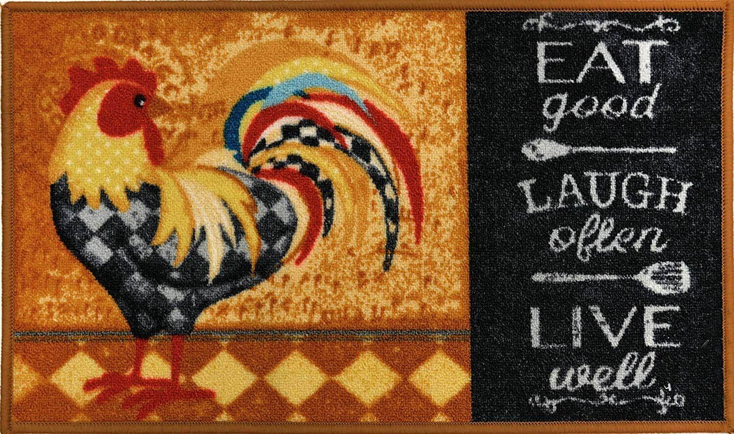 LIVING CLASSICS EAT LAUGH LIVE ROOSTER SLICE KITCHEN RUG NON SKID BACK