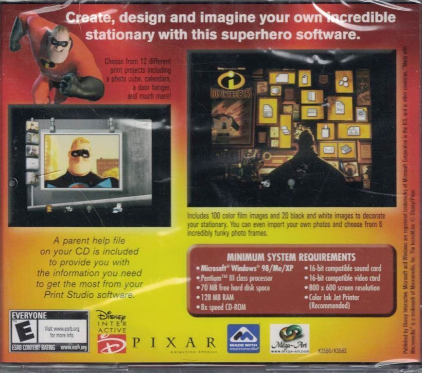 The Incredibles PCCD Rom Print Studio Disney Pixar Sealed Software Rated E Hobbies & Leisure
