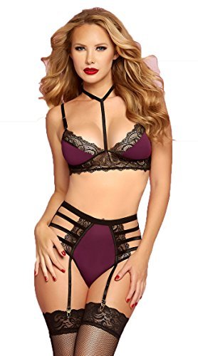 Seven 'til Midnight Women's Lace and Microfiber Bra and Strappy Thong Set, Wine,