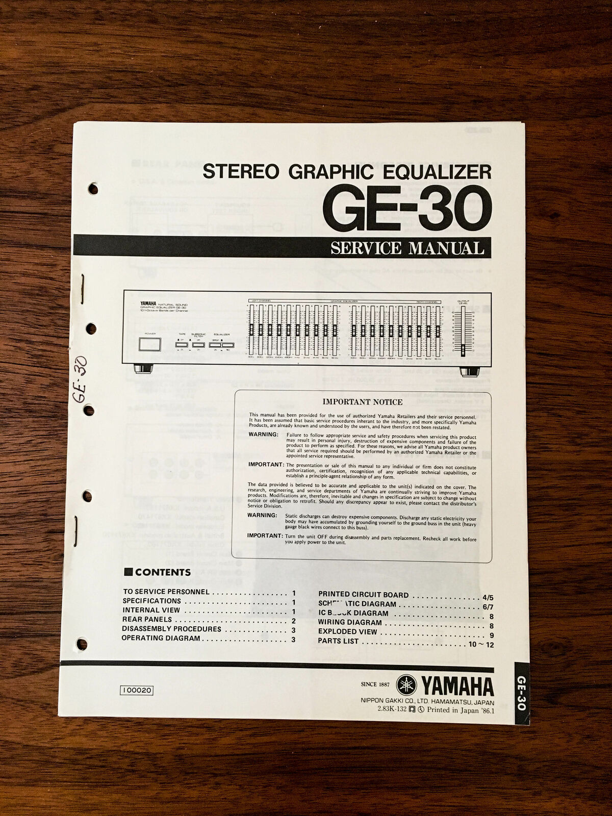 Yamaha GE30 EQUALIZER Service Manual *Original* Vintage Manuals